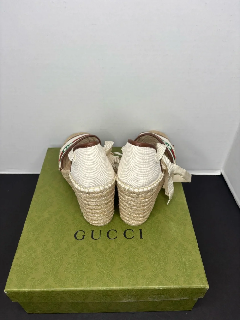Gucci Cream Canvas Espadrille Wedges with Green and Red Stripe